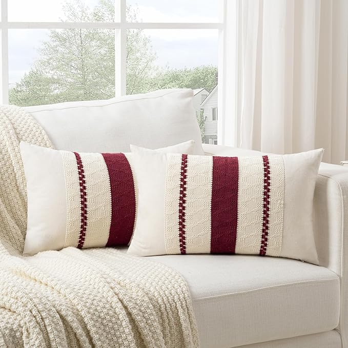 Fancy Homi Set of 2 Burgundy Boho Long Lumbar Decorative Throw Pillow Cover 14x24 Inch for Couch Bed Sofa, Aesthetic Modern Farmhouse Christmas Room Decor, Soft Cotton Cute Wind Red Cushion Case