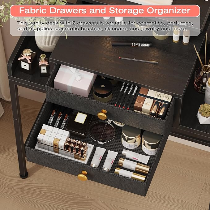 Vanity Desk with Mirror and Lights, 28.4''W Small Makeup Vanity Table with Height-Adjustable Stand, 2 Fabric Drawers Compact Makeup Desk, Gift for Girls, Bedroom Small Space, Black