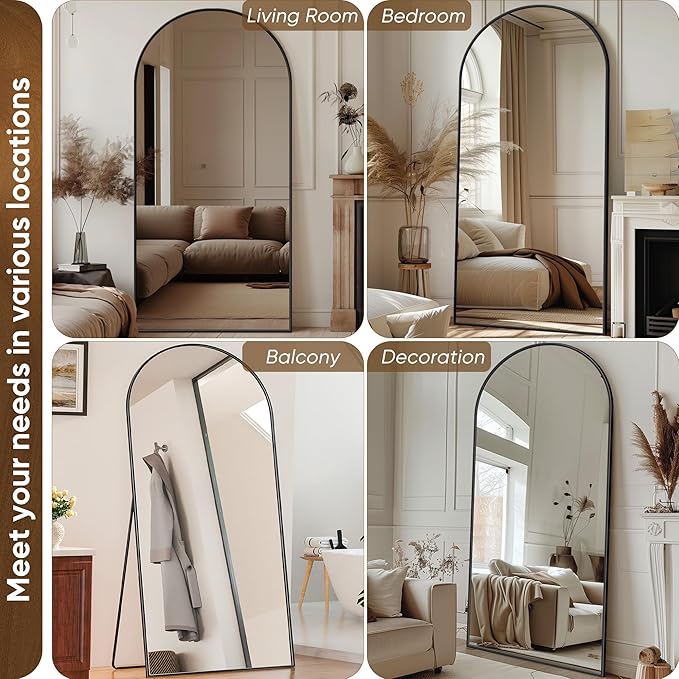 Antok Full Length Mirror, 71"x28" Floor Mirror with Stand, Hanging Mounted Mirrors for Bedroom, Living Room, Cloakroom, Dining Room, Black, Arched