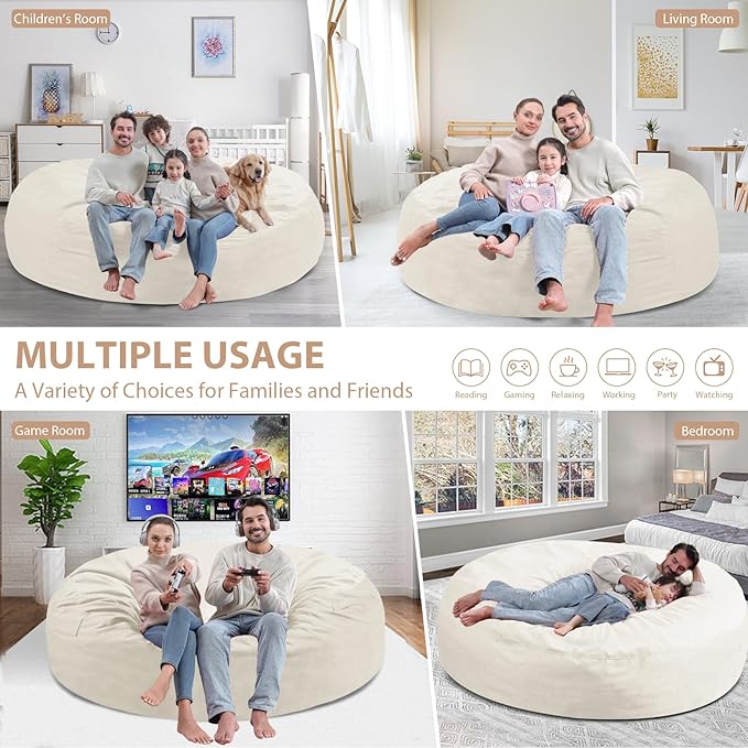 7FT Bean Bag Chair, Large Bean Bag Chairs with Memory Foam Filled, Fluffy Beanbag Sofa with Dutch Velvet Cover, Round BeanBag Chairs for Living Room, Playroom - Beige