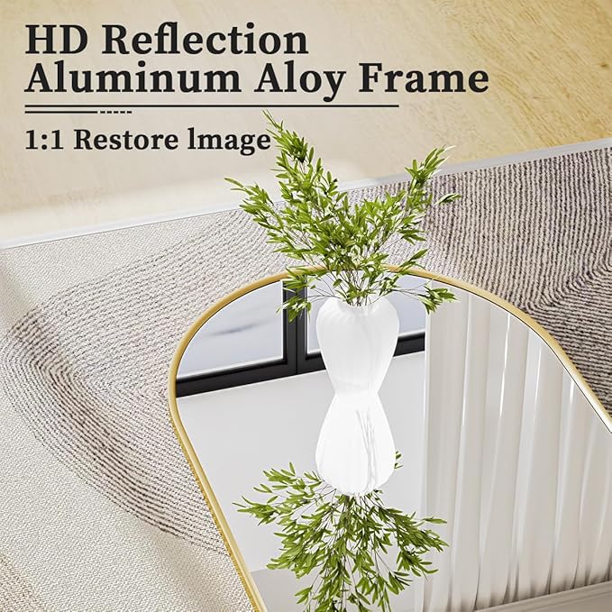 Arched Full Length Mirror, 64" x 21" Arch Floor Mirror with Stand, Full Length Wall Mirror Hanging or Leaning Arched-Top Full Body with Stand for Bedroom, Dressing Room, Gold