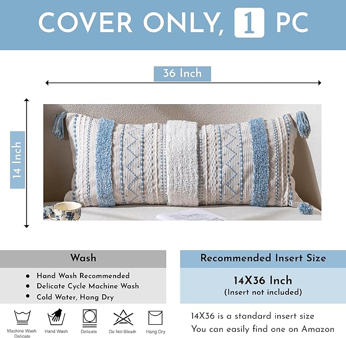 Blue Decorative Lumbar Throw Pillow Cover 14x36 Boho Long Cushion for Bed Neutral White Accent Farmhouse Pillowcase for Bedroom Living Room Couch Sofa Home Décor (Cover ONLY, Pack of 1)