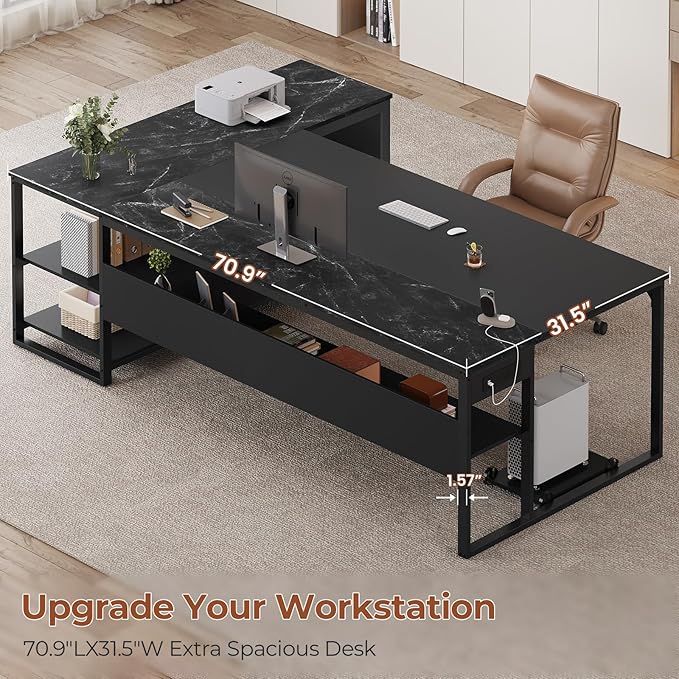 71" Executive Desk, Large Office Desk with Widen File Drawers & Power Outlets, Reversible L Shaped Computer Desk Corner Desk with Storage Shelves, CPU Stand, Hooks, Business Furniture (Black)
