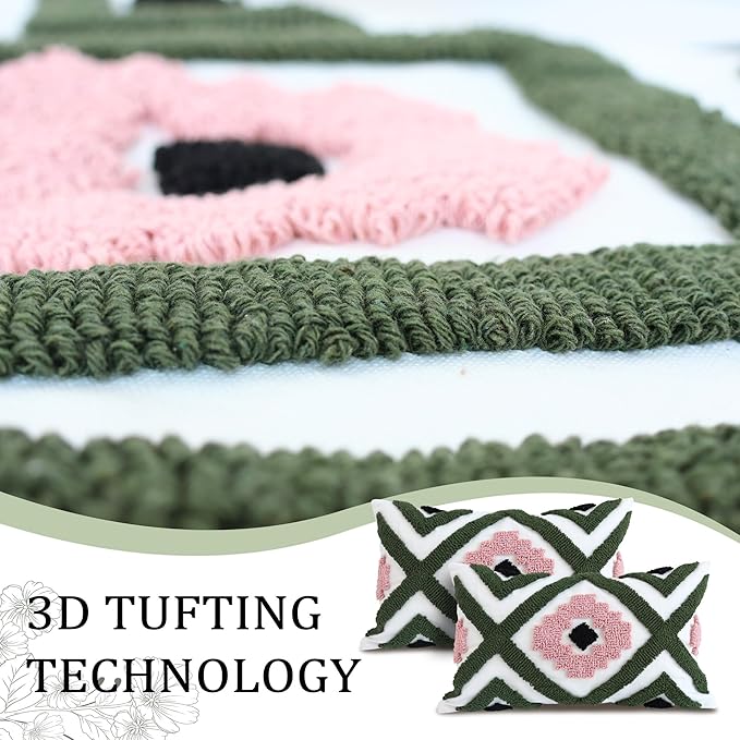 Boho Accent Lumbar Pillow Covers 12x20 - Tufted Abstract Modern Throw Pillow Covers, Farmhouse Decorative Pillowcase for Couch, Sofa, Bed, Living Room -Green Pink Black Geometric