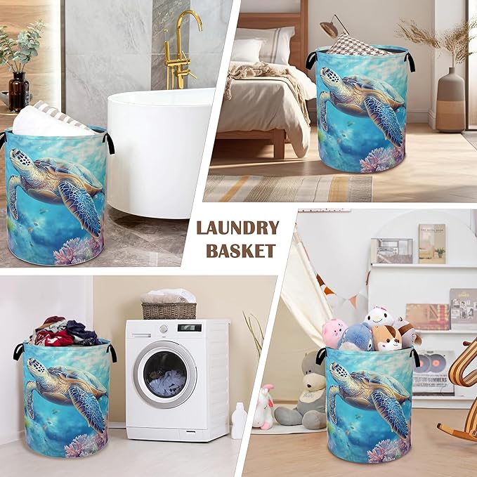 Sea Turtle Laundry Hamper,Collapsible Laundry Baskets,Colorful Coral Dirty Clothes Baskets with Handles,Oxford Cloth Hamper for Bedroom,Bathroom,College Dorms, 16"x20"