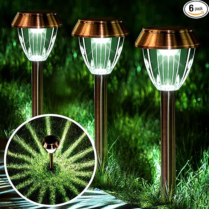 Solar Pathway Lights Outdoor Waterproof, 6 Pack Solar Outdoor Lights Bright Up to 12 Hrs, 15 Lumens Garden Light LED Landscape Lighting Stainless Steel Walkway Light, Cold White