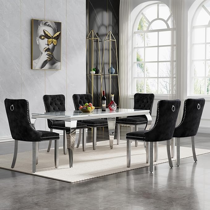 Goujxcy 70" Marble Dining Table Set for 6, Modern 7 Piece Dining Room Table Set with White Faux Marble Dining Table & 6 Black Velvet Upholstered Chairs, Luxury Silver Kitchen Table Chairs Set of 6