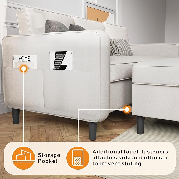 Sectional Sofa Couches for Living Room - 78'' Beige 3 Seat L-Shaped Couch with Storage Ottoman, Modern Linen Convertible Sectionals Sofas with Chaise for Apartment, Office, Small Space