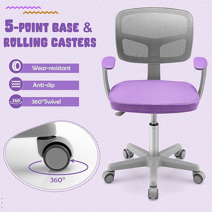 HONEY JOY Kids Desk Chair, Height Adjustable Children Study Chair, Swivel Mesh Task Student Chair, Universal Casters, Child Computer Desk Chair for Boys Girls Age 3-10 (Purple)