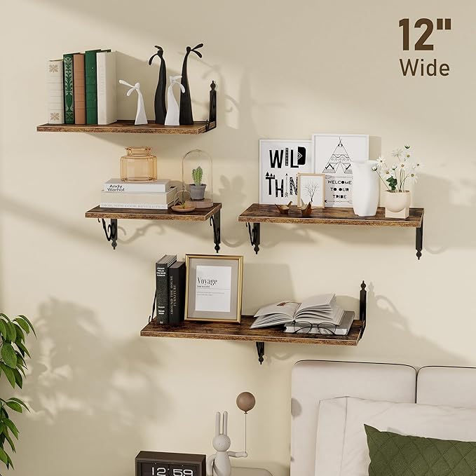 Deep Floating Shelves, 16" W x 12" D Wall Shelves Set of 2, Wide Display Shelf Wall Mounted with Brackets, Bookshelf for Living Room, Bathroom, Bedroom, Rustic Brown