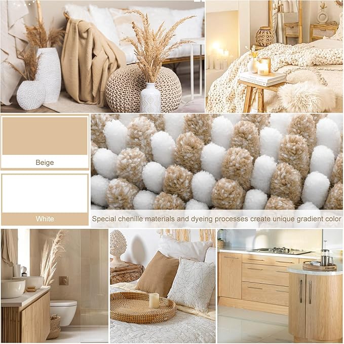 BSICPRO Bathroom Rugs and Mats Sets, 2 Piece Thick Absorbent Chenille Bath Mat Rug Set Non Slip, Soft Shaggy Bath Room Floor Mats for Bathroom, Machine Washable (Beige, 20" x 60" Plus 20" x 32")