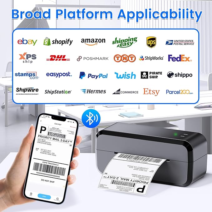 Bluetooth Thermal Shipping Label Printer, Wireless 4x6 Label Printer for Shipping Packages & Small Business, Compatible with Android, IOS, Windows and Mac, Widely Used for Ebay, Amazon, Shopify, Etsy