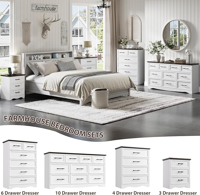 Nightstand Set of 2, Farmhouse Night Stand with Charging Station, White Wood Bedside Table & End Table with 3 Drawers, Side Table Storage Cabinet with Metal Handles for Bedroom, Living Room