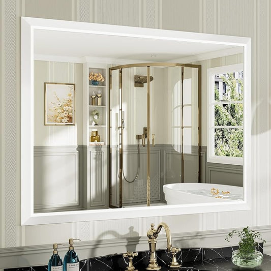 48x36 Inch White Bathroom Mirror for Wall, Thick Metal Framed Rectangle Mirrors for Over Sink, Bedroom, Living Room, Entryway, Anti-Rust, HD Tempered Glass