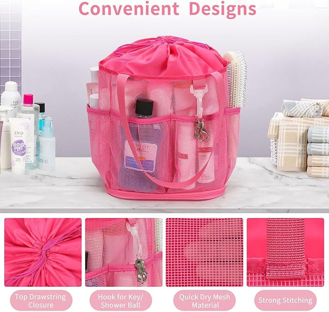 Mesh Shower Caddy Portable for College Dorm Room Essentials, Shower Tote Bag with Hanging Hook and Drawstring, Quick Dry Toiletry Bag with 6 Pockets for Bathroom, Swimming, Gym, Camping, Beach, Travel