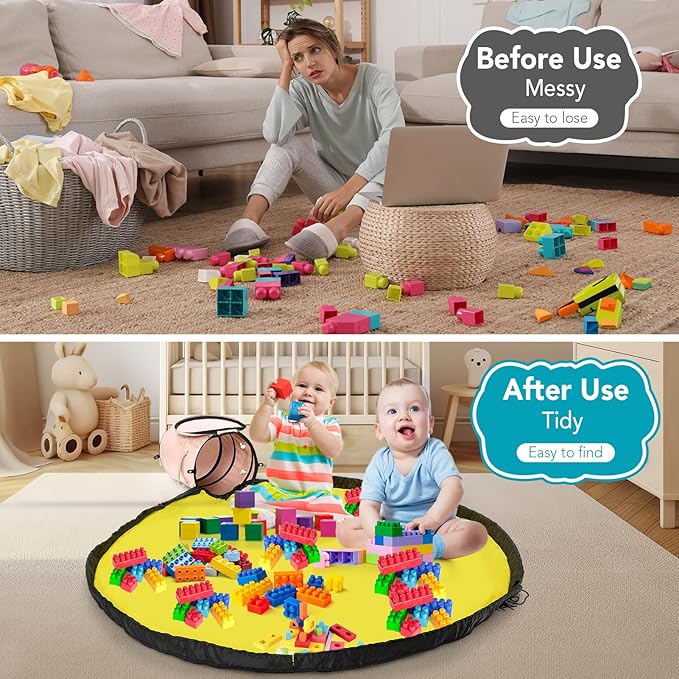 Toy Storage Basket with Slide and Large Play Mat for Boys and Girls Building Blocks Organizer, Foldable Fabric Storage Container Basket Bin Kids Toy Box with Rug for Boy Playroom Organization