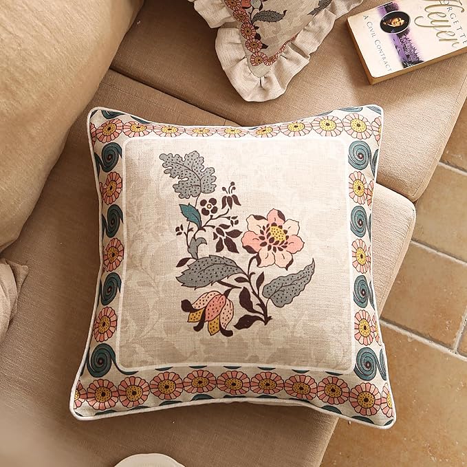 Design Square Linen Vintage Throw Pillow Covers 18"x18" Pack of 2, Gray Green Farmhouse Cushion Covers with Silver Lotus Floral Pattern Decor Pillowcases for Bed,Living Room,Outdoor,Car