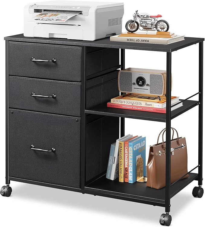 DEVAISE 3 Drawer Mobile File Cabinet, Rolling Printer Stand with Open Storage Shelf, Fabric Lateral Filing Cabinet fits A4 or Letter Size for Home Office, Black