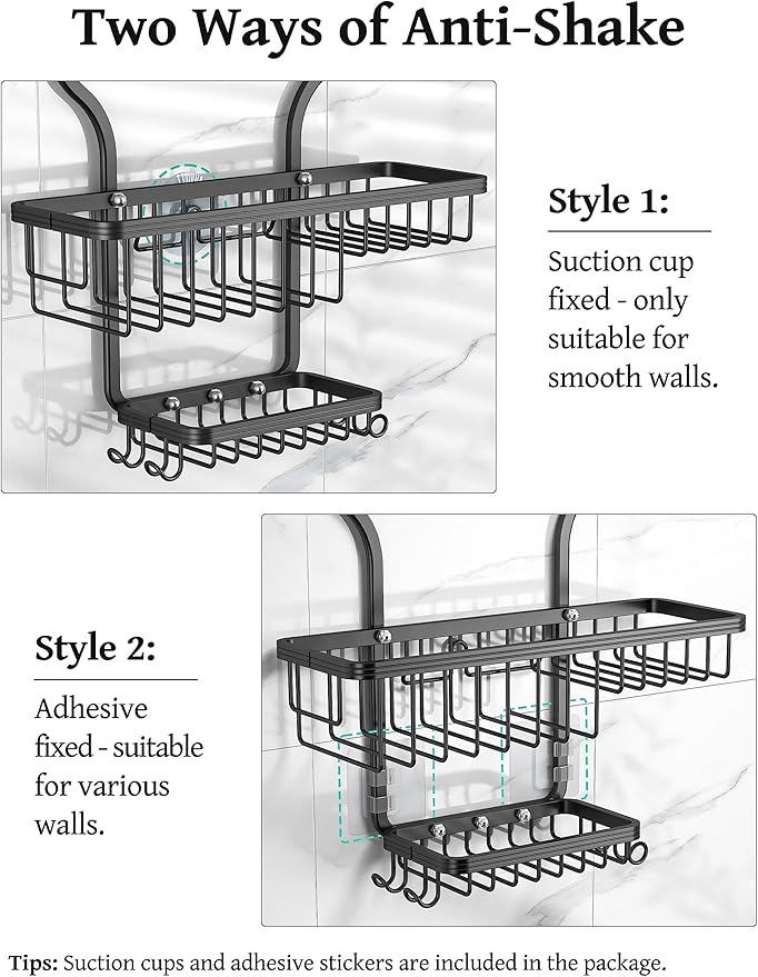 YASONIC Shower Caddy Hanging - Never Rust Shower Organizer - Aluminum over The shower head caddy with 10 Hooks for Razor/Sponge - Shower Rack with Soap Basket - Black