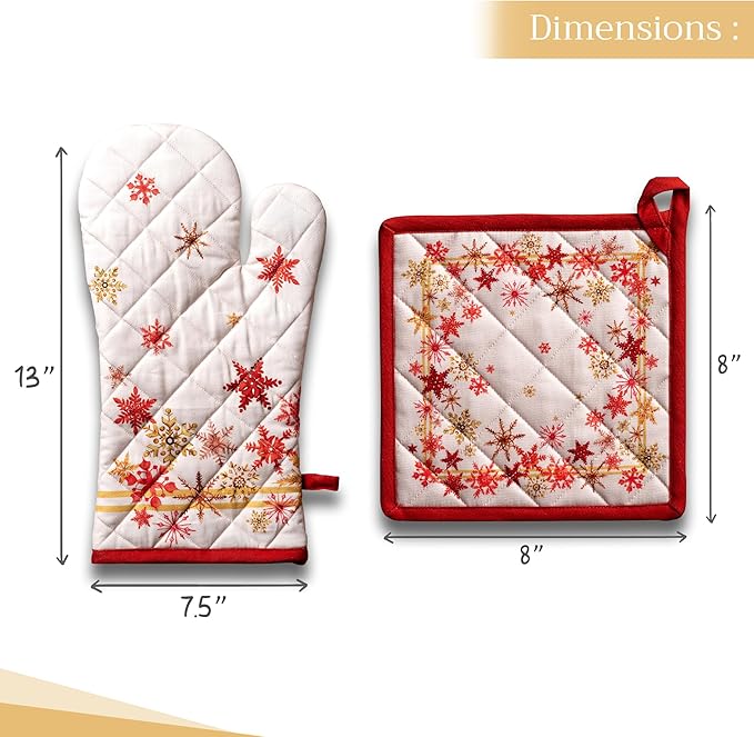 Maison d' Hermine 100% Cotton Oven Mitt & Pot Holder Set (7.5"x13" & 8"x8") Heat Resistant BBQ Cooking Gloves with Loop for Thanksgiving Christmas Decorations Handling Hot Pans (Crystal Star)