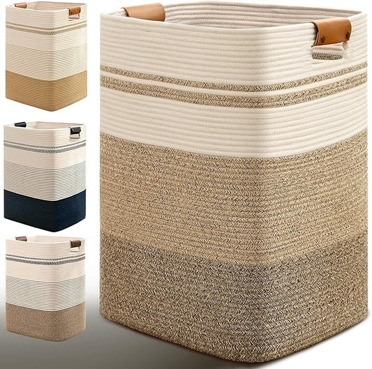 Laundry Hamper, 95L Tall Laundry Basket with Leather Handles, Rectangle Large Clothes Hamper for Organizing, Cotton Woven Laundry Baskets Storage Hampers for Bedroom, Nursery, Living Room