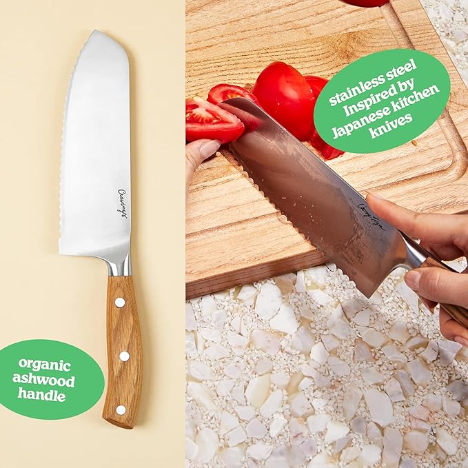 Cravings Go-To Santoku Knife – 7-Inch Serrated Stainless Steel Blade with Organic Ashwood Handle, Ideal for Slicing, Dicing, and Carving – A Must-Have Kitchen Essential by Chrissy Teigen