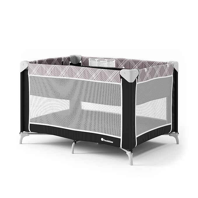 Foundations Sleep 'N Store Baby Pack and Play Yard - Portable Playpen with Removable Bassinet, Foldable Travel Playpen with Storage Bag & Foam Mattress, Designed for Hotels & Daycares- Mod Plaid Gray