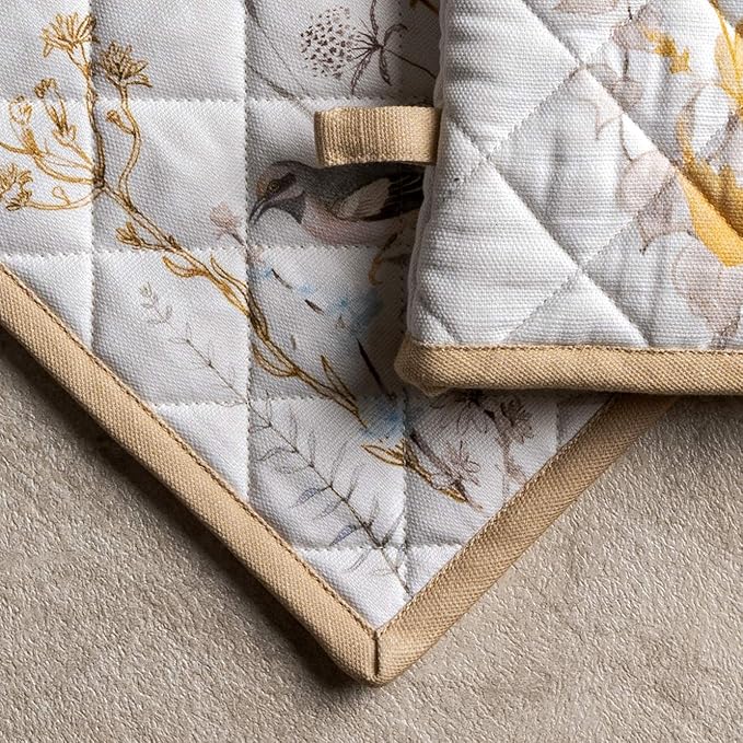 Maison d' Hermine 100% Cotton Oven Mitt & Pot Holder Set (7.5"x13" & 8"x8") Heat Resistant BBQ Cooking Gloves with Loop, Grilling, Kitchen, Handling Hot Pans Spring/Summer (Meadow Florals - Beige)