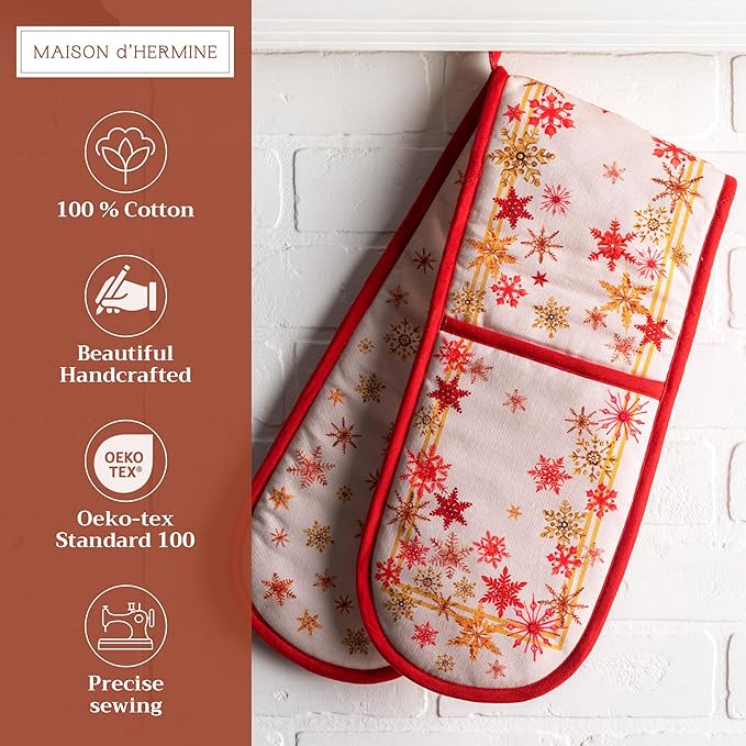 Maison d' Hermine Double Oven Mitt (7" x 35") 100% Cotton Heat Resistant BBQ Cooking Gloves with Loop for Thanksgiving Christmas Decorations Baking Cooking Barbeque Handling Hot Pan (Crystal Star)
