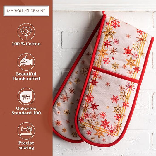 Maison d' Hermine Double Oven Mitt (7" x 35") 100% Cotton Heat Resistant BBQ Cooking Gloves with Loop for Thanksgiving Christmas Decorations Baking Cooking Barbeque Handling Hot Pan (Crystal Star)