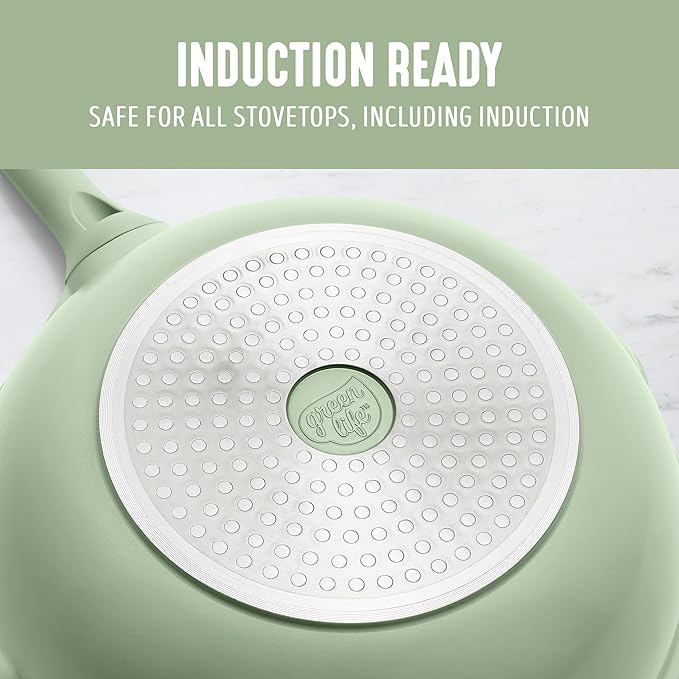 GreenLife Nonstick 12” (5QT) All in One Deep Skillet Wok with Lid, PFAS-Free Non-Toxic Ceramic Multi-Purpose Pan, Induction, All Stovetop, Egg, Stir Fry, Saute, Stay Cool Handle, Sage Green