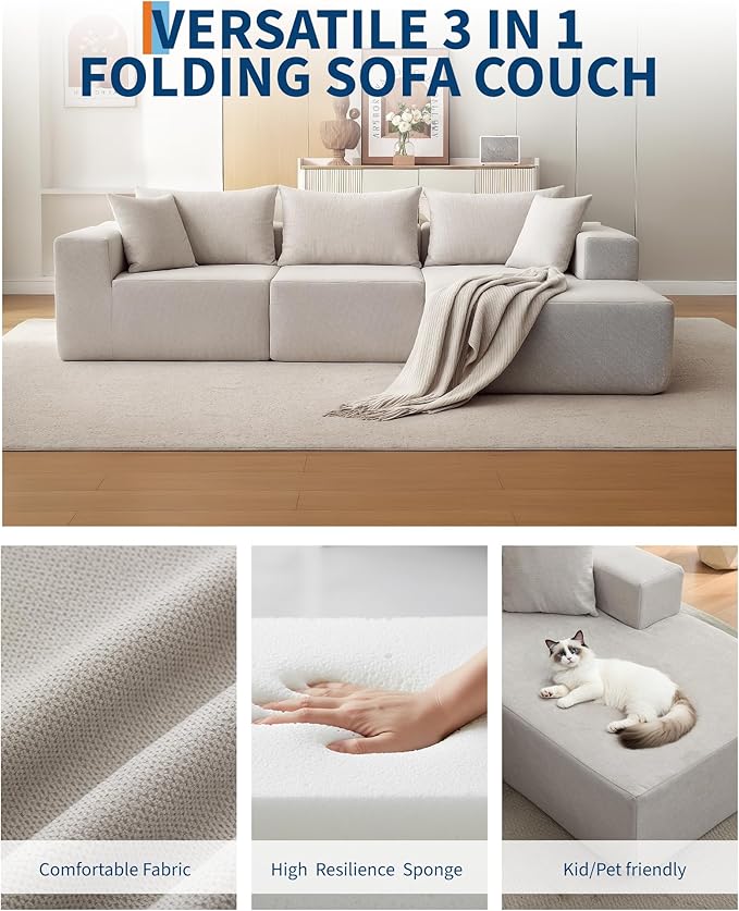 108" Modular Sectional Sofa,Cloud Couch Sectional with Right Chaise | Fluffy Compressed l Shaped Sofa for Living Room | Boneless Couch & Sofa Bed Design,No Assembly Required, Beige