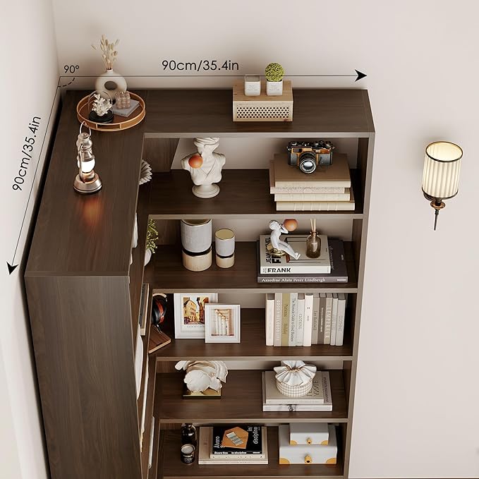 6-Tier Corner Bookshelf, Modern Bookshelf and Bookcase, Tall Bookcase Open Display Storage, L Shaped Corner Shelf for Library, Living Room, Home Office, Rustic Brown