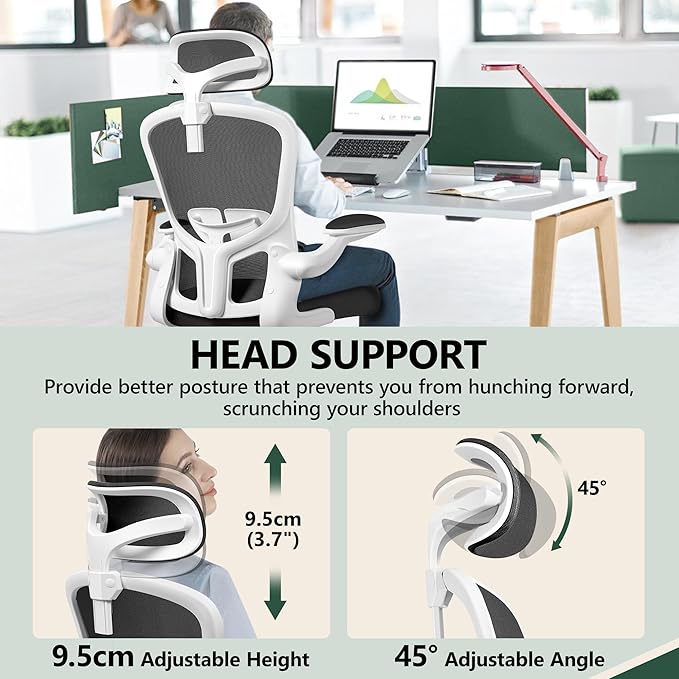 FelixKing Office Chair with Headrest, Home Office Desk Chairs with Flip-Up Armrests, Adjustable Height Ergonomic Office Chair Lumbar Support, Mesh Backrest Computer Chair (White)