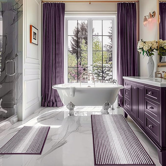 BSICPRO Bathroom Rugs and Mats Sets, 2 Piece Thick Absorbent Chenille Bath Mat Rug Set Non Slip, Soft Shaggy Bath Room Floor Mats for Bathroom, Machine Washable (Mauve Wine, 20" x 47" Plus 16" x 24")