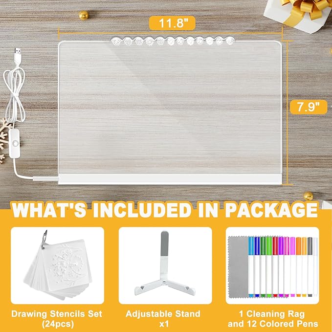 LED Acrylic Message Board, Light Up Acrylic Dry Erase Board 11.8x7.9”, LED Note Board with Colors for Kids, Glow Memo Message Writing Board with Light, Drawing Stencils Set & Unique Border