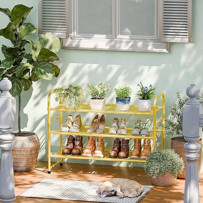 SUFAUY Shoe Rack for Closet, 33 inch Metal Shoe Rack Organizer Heavy Duty, 3 Tier Mesh for Shoes, Gold