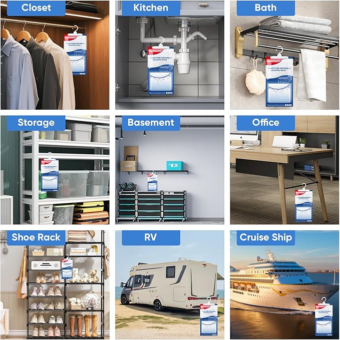 10 Pack Moisture Absorbers for Closet, 16OZ Hanging Closet Dehumidifier Bags, Hanging Humidity Absorber in Wardrobes, Kitchens and Bathrooms, Fragrance Free Portable Moisture bags