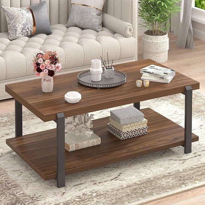 FOLUBAN Modern Coffee Table with Storage Shelf, Rustic Wood Center Table for Living Room, Walnut