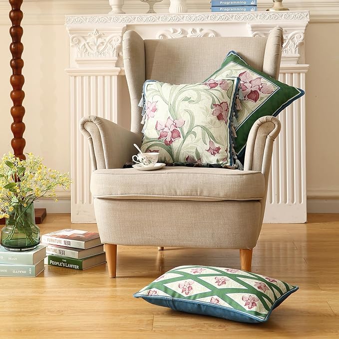 patdrea Designer Throw Pillow Covers Set of 2,French Elegant Spring Green Linen with Iris Floral Pattern Pillow Covers,Decorative Lumbar Pillowcases Cushion for Bed Living Room Outdoor,12"x20"