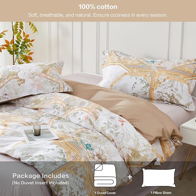 SAPHREAS Gold Floral Duvet Cover Set 2pcs Twin Size White Flower Botanical Blossom Bedding Comforter Cover Set 100% Cotton 1 Duvet Cover 68"x90" 1 Pillow Sham, Comforter Not Included