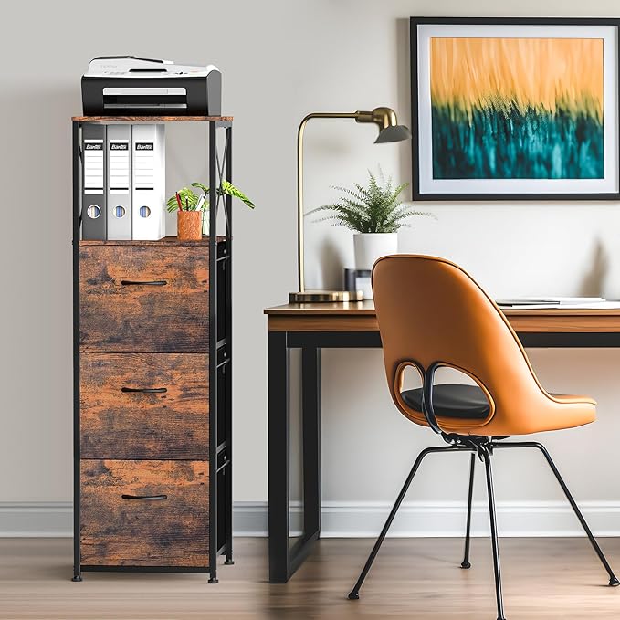 3 Drawers File Cabinet, Vertical Filing Cabinets for Home Office, Drawer with Adjustable Hanging Rail, A4/Letter Size Hanging File Folders, Open Shelf, Mobile Printer Stand, Rustic Brown