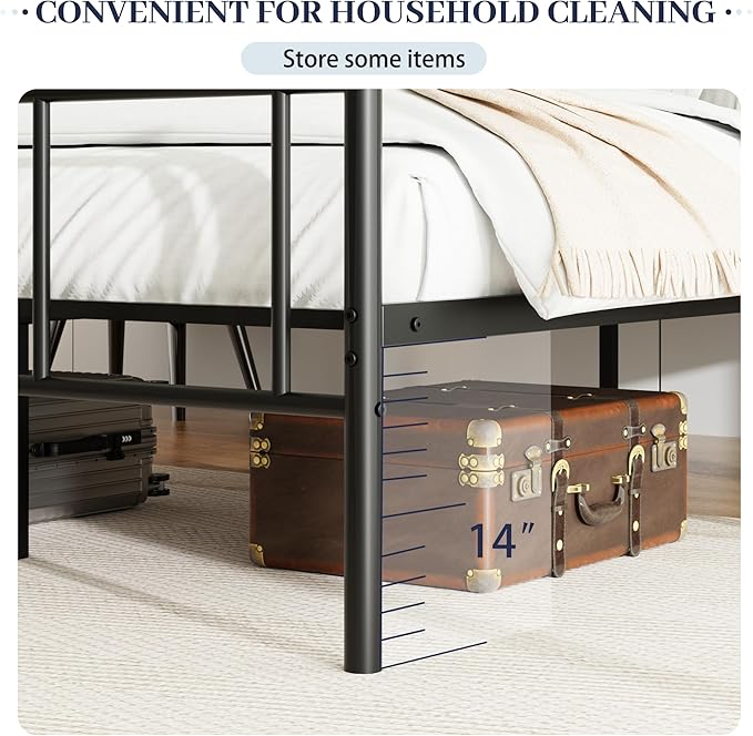 Queen Size Classic Metal Platform Bed Frame with Headboard and Footboard, Victorian Style Iron Bedframe with 12 inch of Storage Under Frame, Slat Support, No Springs Required, Easy to Assemble (Black)