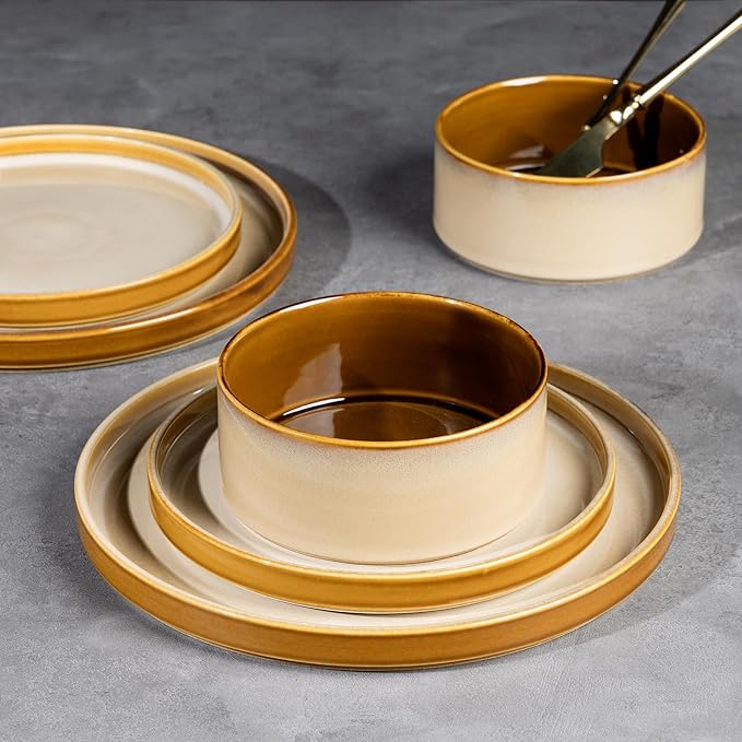 LERATIO Ceramic Dinnerware Sets for 4,Round Reactive Glaze Ceramic Plates and Bowls Set,Highly Chip and Crack Resistant | Dishwasher & Microwave Safe Dishes Set,Service for 4 (12pc)-Kahki