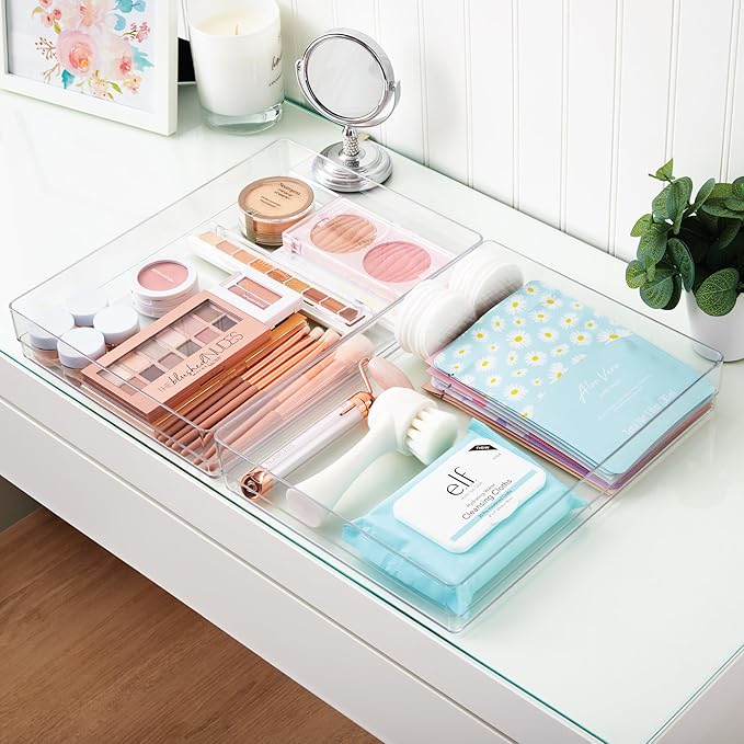 STORi SimpleSort 2-Piece Stackable Clear Drawer Organizer Set | 12" x 9" x 2" Rectangle Trays | Wide Makeup Vanity Storage Bins and Office Desk Drawer Dividers | Made in USA