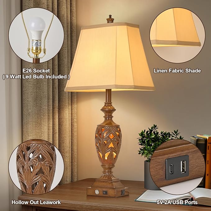29.5"H Touch Control Traditional Table Lamp with Dual USB Ports, Set of 2, 3-Way Dimmable Hollow Out Leafwork Bronze Wood Finish Vintage Bedside Nightstand Desk Lamps for Living Room,Bedroom