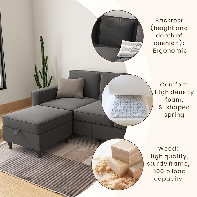 Sectional Couches for Living Room - Deep Seater Couch Living Room-Comfy L Shape Modular Sofa,with Storage Chaise-Washable Covers-Suitable for Living Rooms,Apartments,Rooms and Offices-Dark Gray,USB
