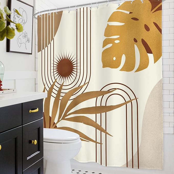 Glawry Boho Mid Century Shower Curtain Yellow Brown Abstract Tropical Palm Leaves Sun Bathroom Minimalist Geometric Arch Retro Plant 60Wx72L Inches Bath Accessories Art Home Decor Fabric 12 Pack Hooks