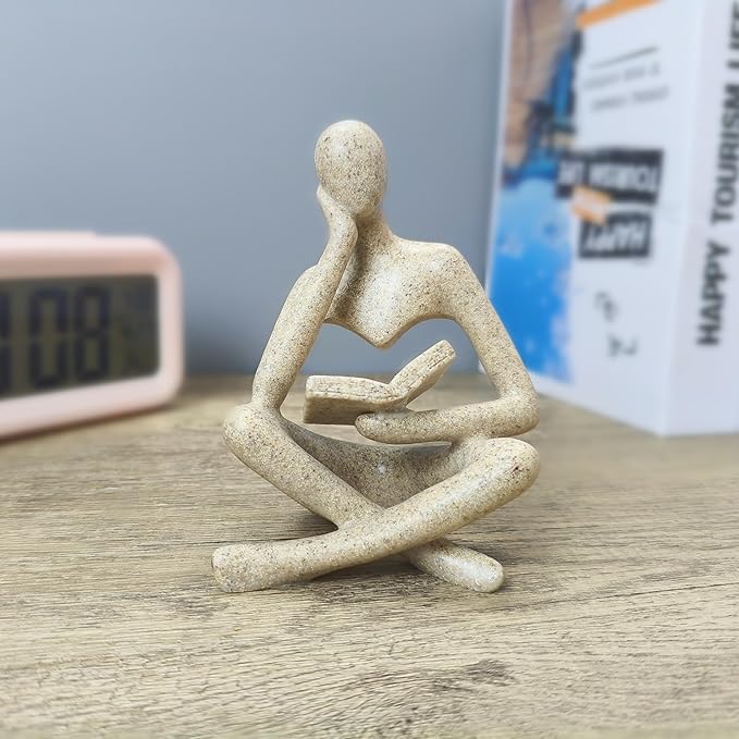 Reading Sculpture Thinker Statue 4.5”- Modern Abstract Art Figurine for Bookshelf & Coffee Table Decor, Aesthetic Home Accents for Living Room, Office Shelves, Desks, and Knick Knack Displays (Grey)