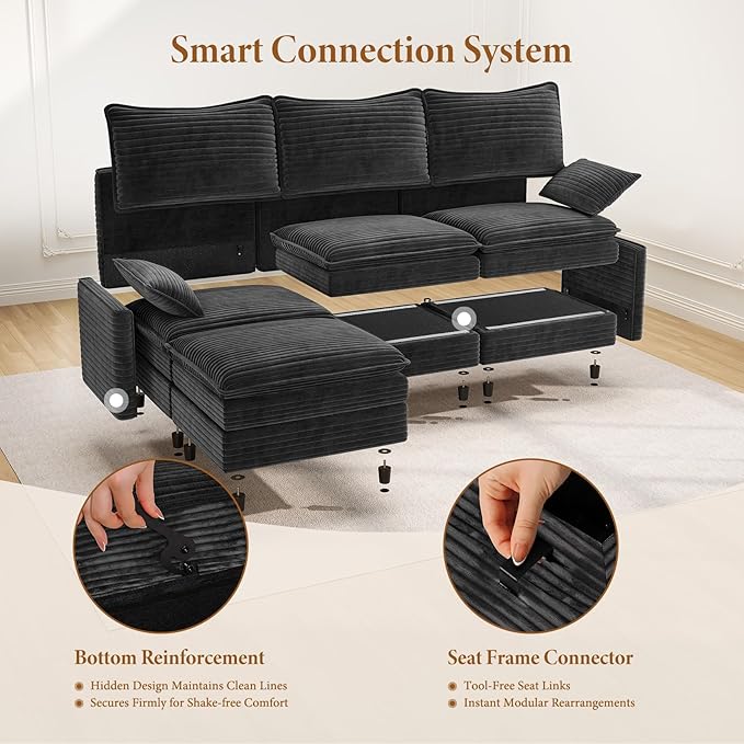 Vesgantti 108" Modular Sectional Sofa, Comfy Cloud Couch with Movable Ottoman Deep Seat Corduroy L Shaped Modular Sofa, Sectional Couches for Living Room, Bedroom and Apartment, Gray